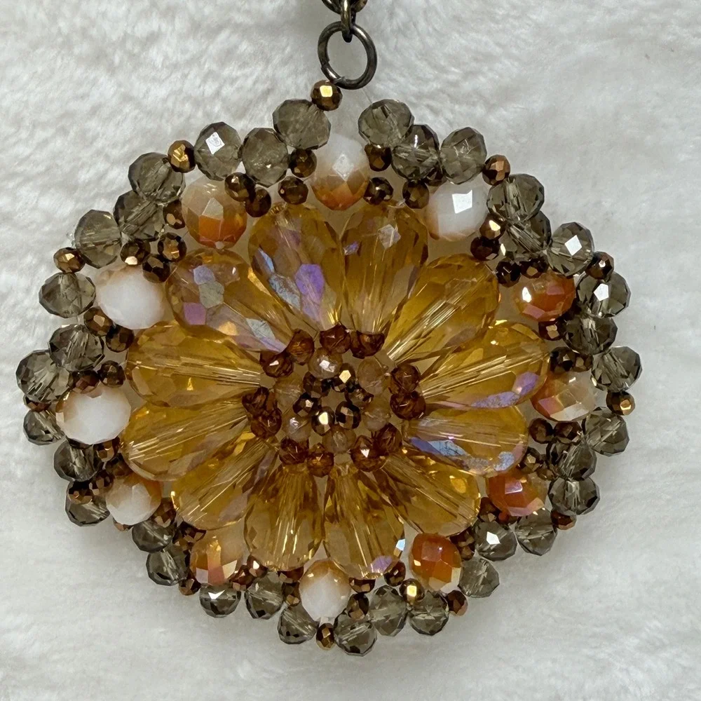 Amber Glass‎ Bead Sunburst Pendant Necklace Bronze Tone Long Boho Statement